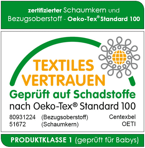 HR-Kaltschaum als auch der verwendete Bezugsoberstoff tragen unabhängig voneinander das Siegel „Geprüft auf Schadstoffe nach Öko-Tex® Standard 100: Produktklasse 1, geprüft für Bab